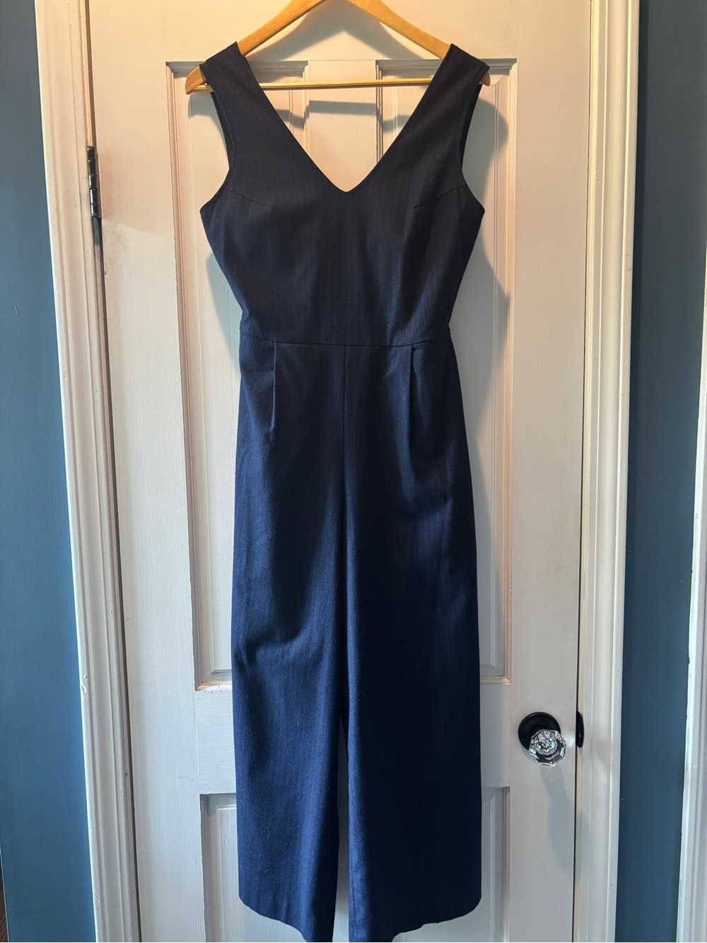 Club Monaco Navy Pinstriped V-Neck Lined Jumpsuit